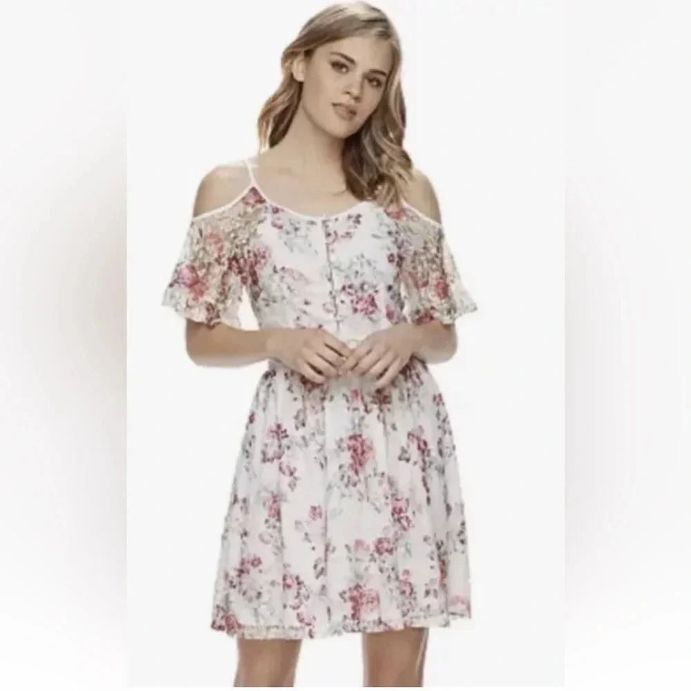 Disney's Beauty and the Beast Juniors' Floral Lace Cold-Shoulder Dress Size XS